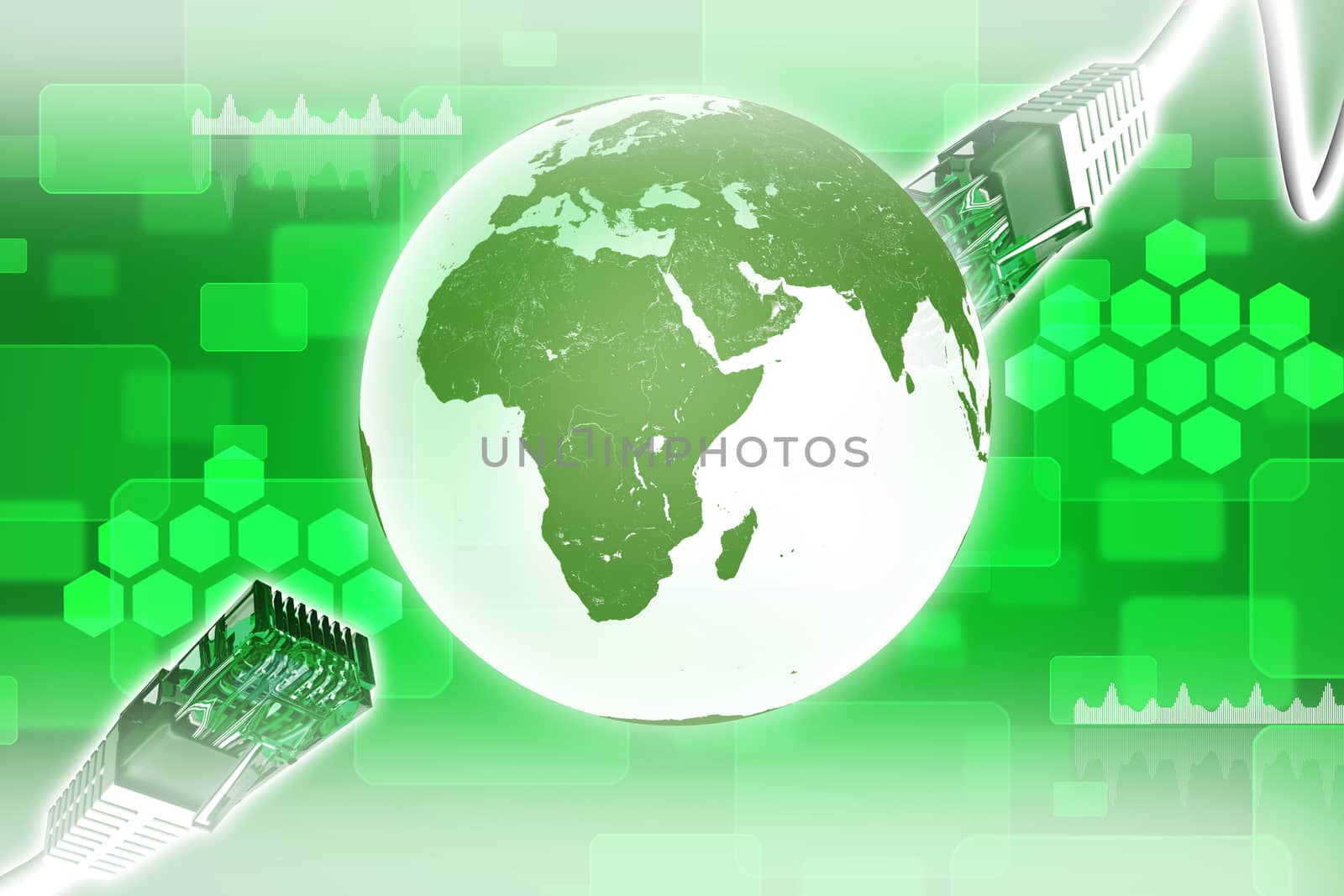 Computer cables on abstract green background with Earth. Elements of this image furnished by NASA