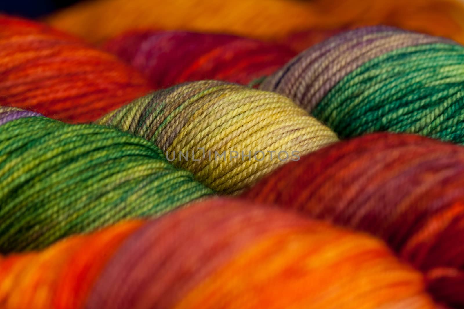 Set of colorful wool yarn balls. Closeup photo.