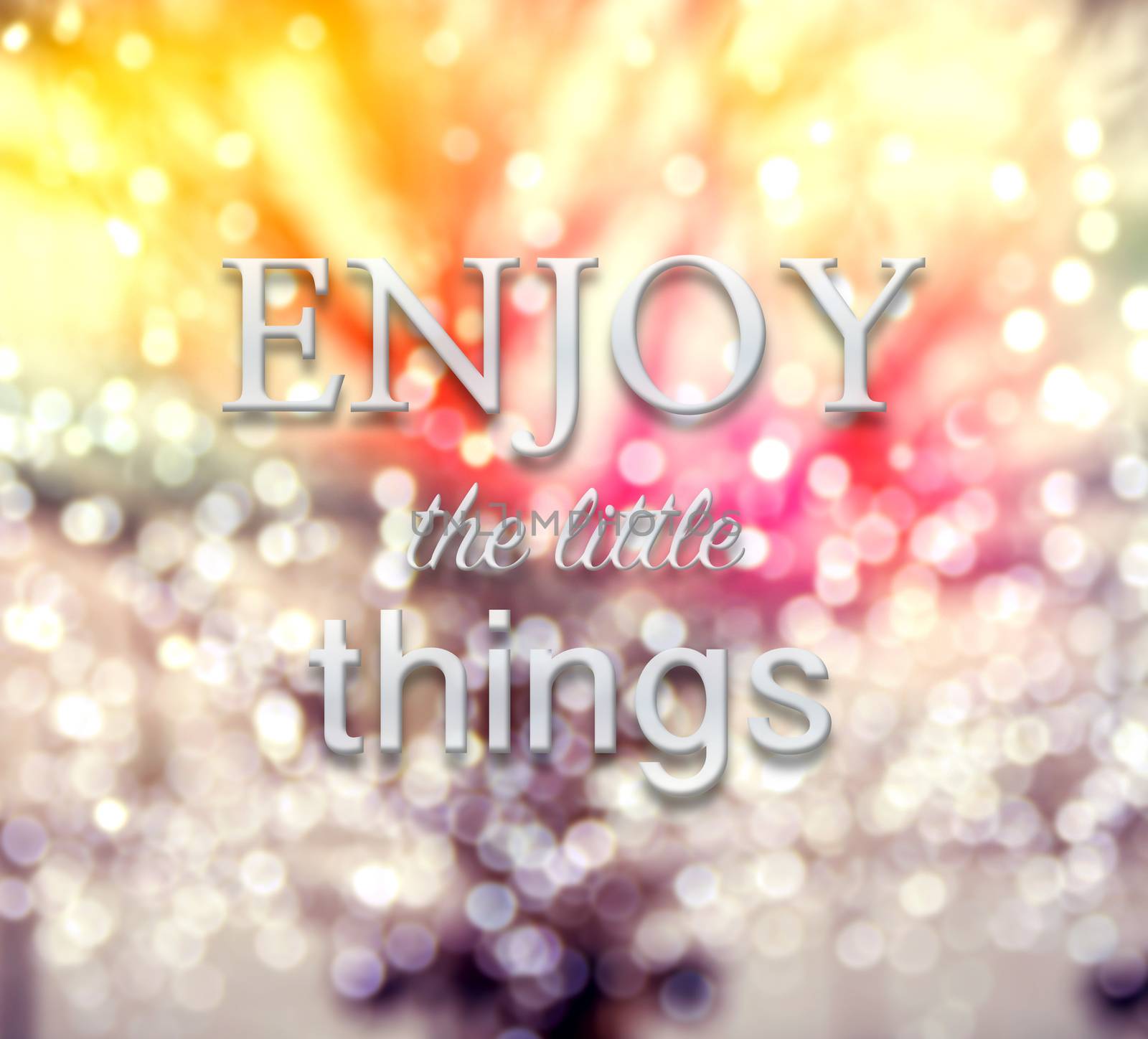 Enjoy the little things - white tone words of inspirational typographic quote on winter tree and defocus bokeh background,, vintage and retro style.