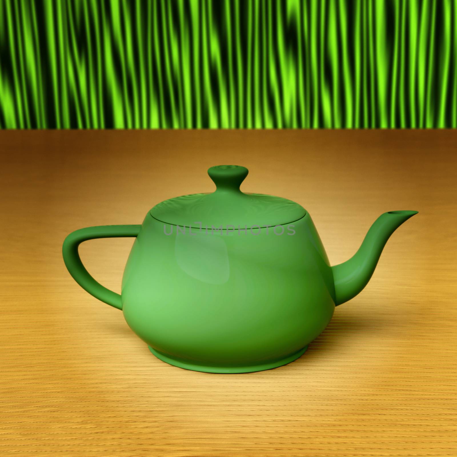 Green teapot on a bamboo mat, 3d illustration