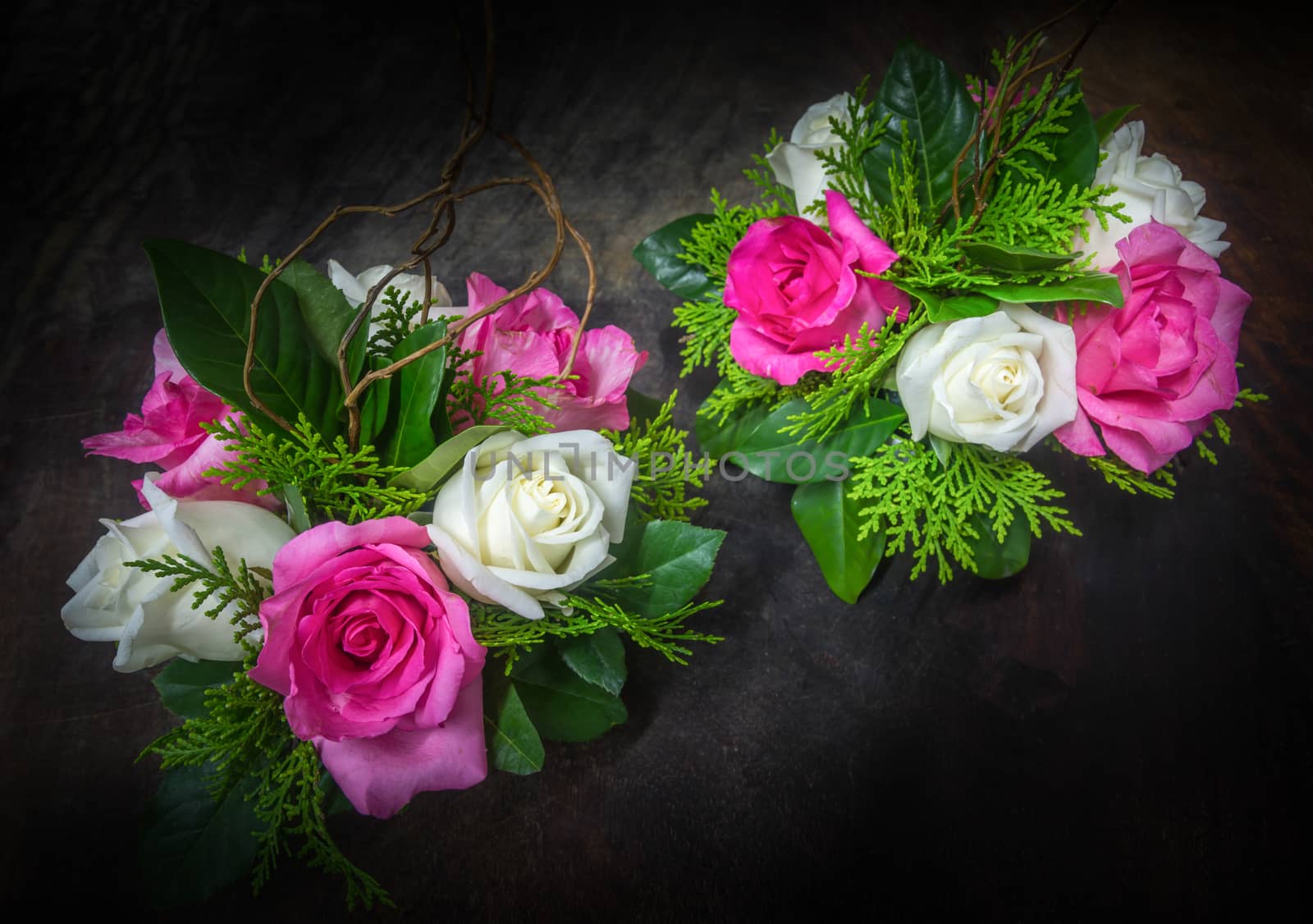 decorated pink and white roses with various leaves by matter77