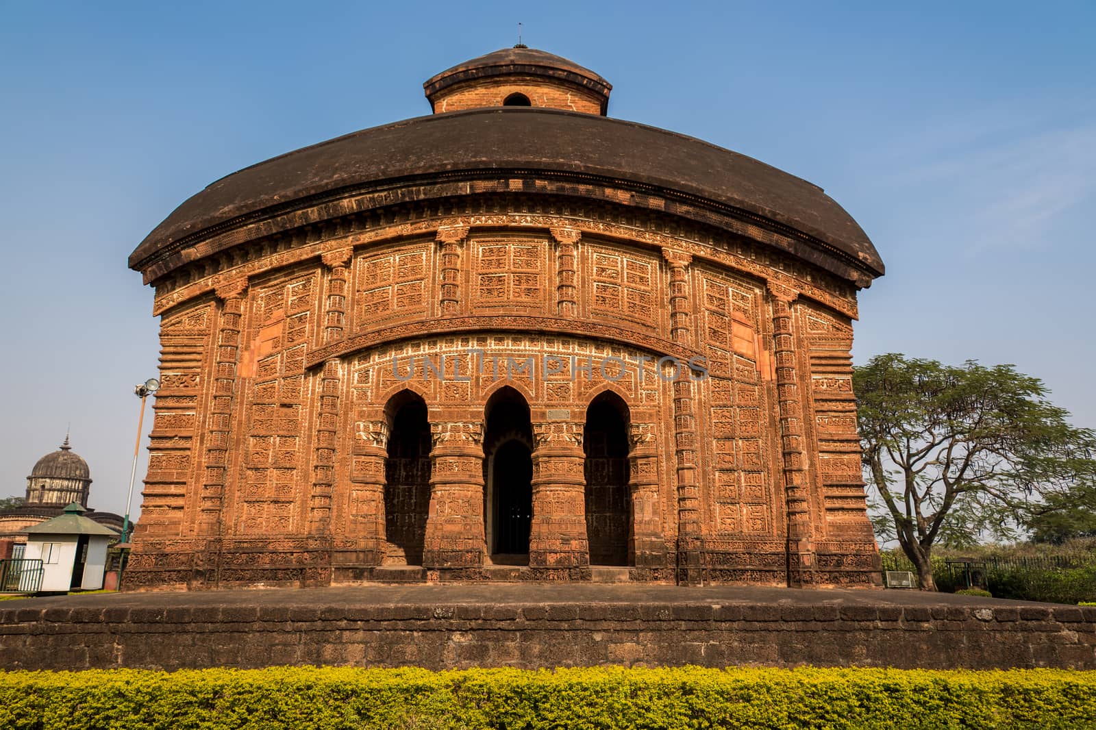 Front face of Jorbangla temple showing beautiful terracotta carvings on the walls.