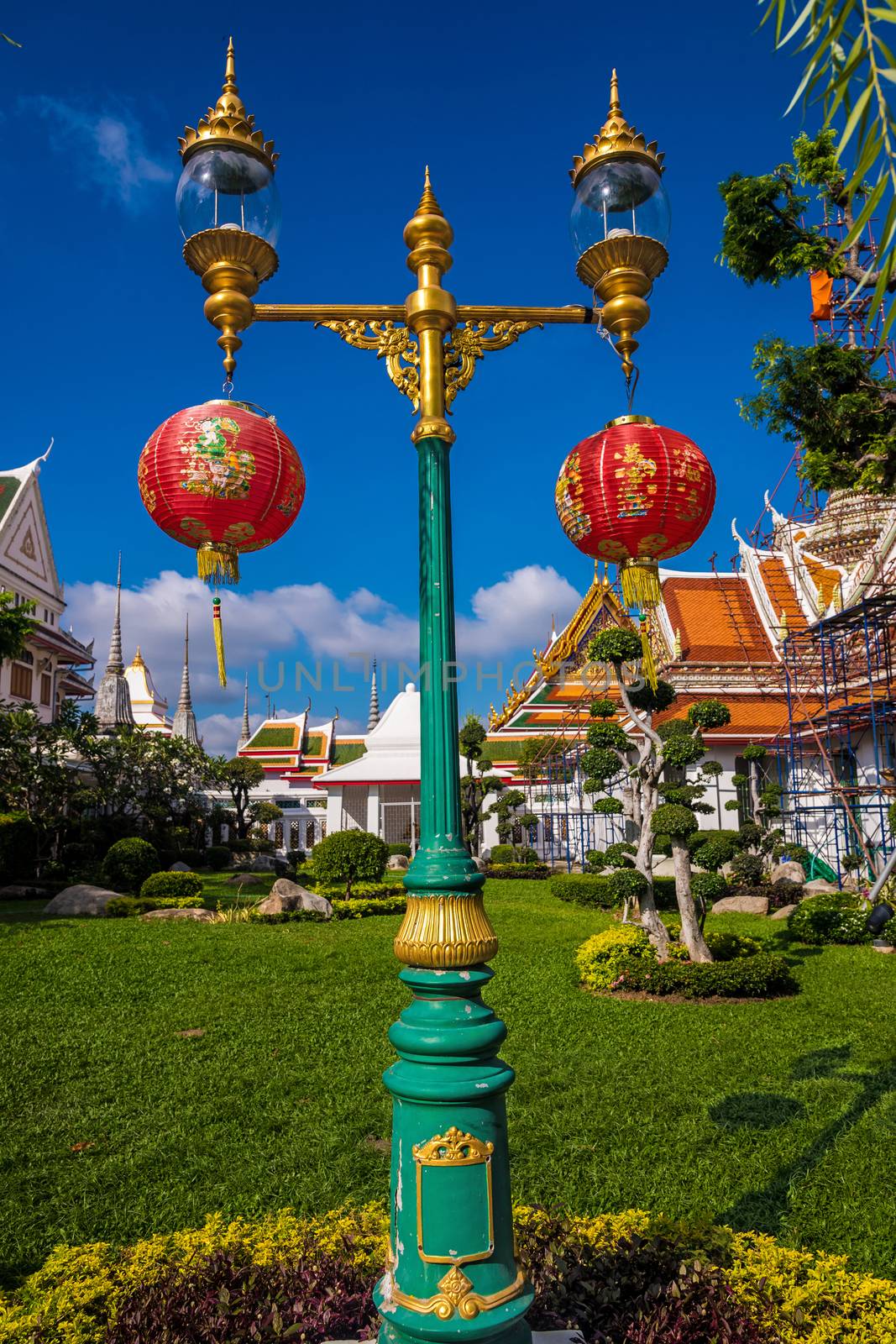 Beautiful decorative chinese lanters adorning a royal lampshade at grand palace in Bangkok, Thailand