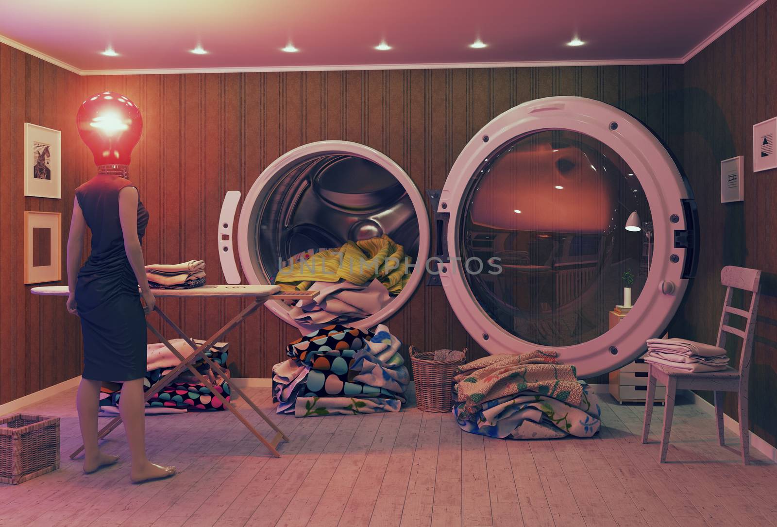 Woman on the brink of hysteria and the Big Wash. 3d Creative concept