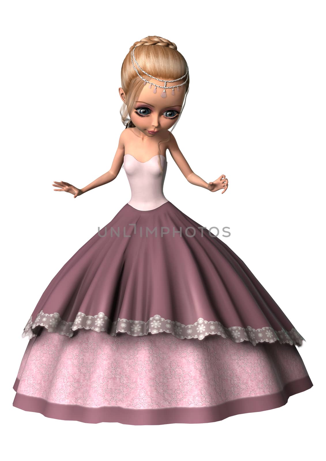 3D digital render of acute little princess in a pink dress isolated on white background