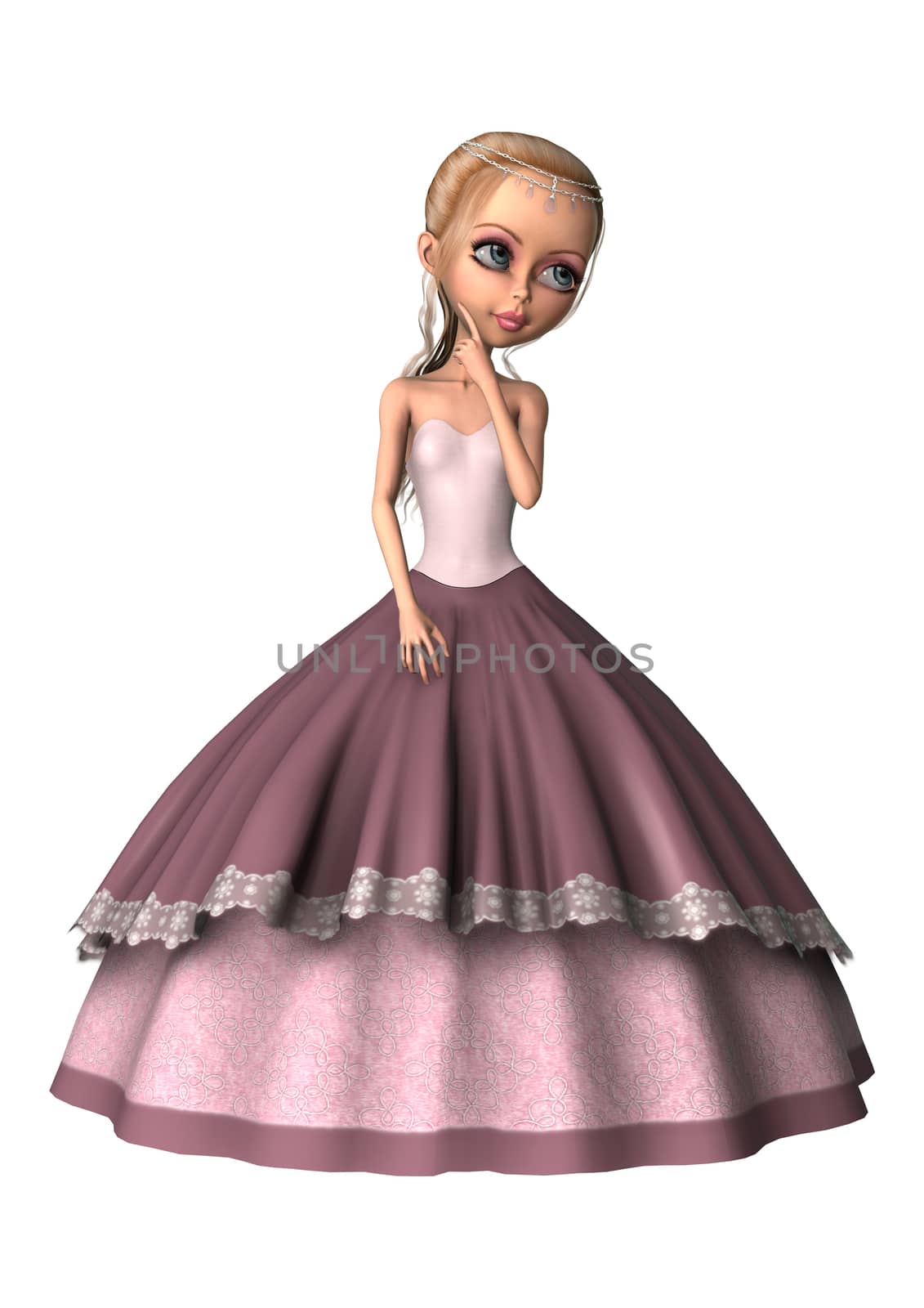 3D digital render of a cute little princess in a pink dress isolated on white background