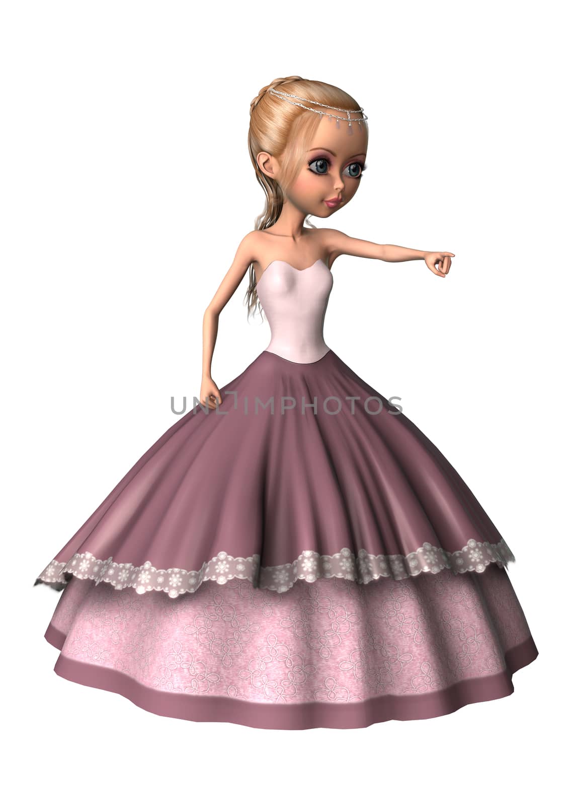 3D digital render of a cute little princess in a pink dress isolated on white background
