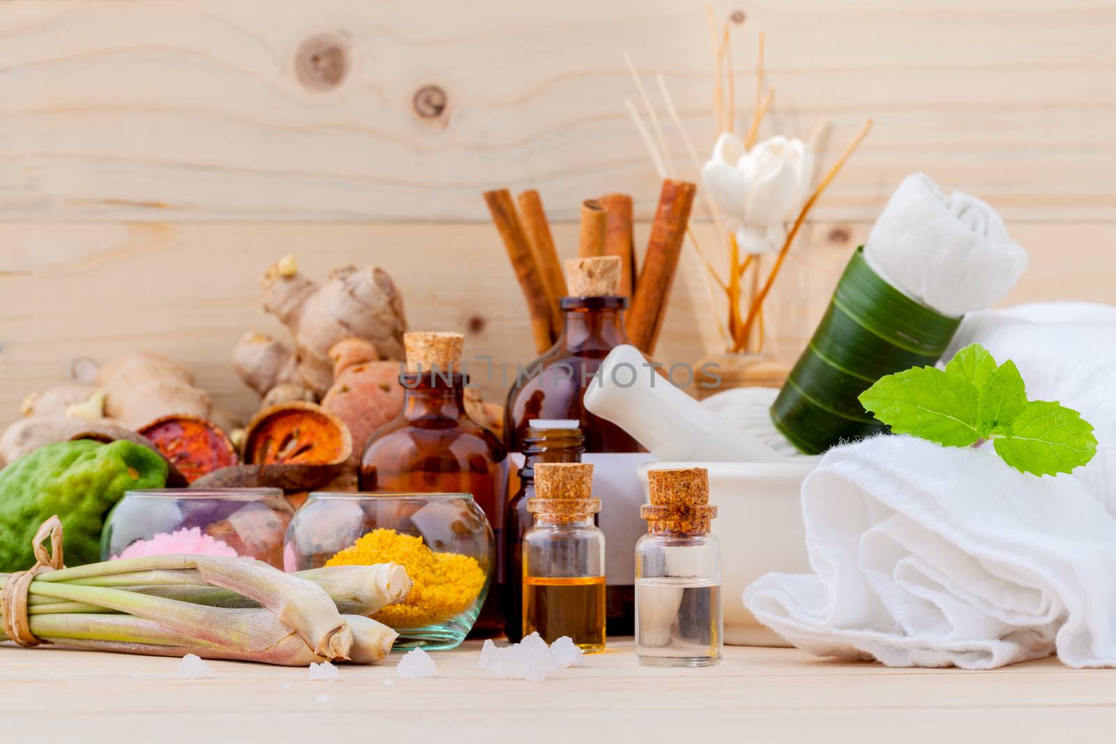 Natural Spa Ingredients Aromatherapy and Natural Spa theme  on wooden background.