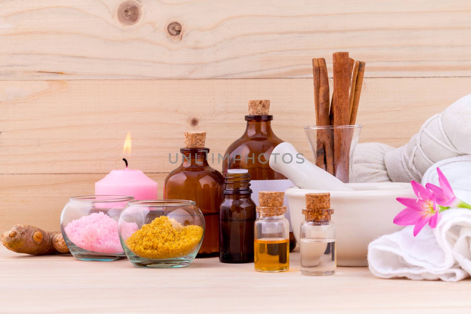 Natural Spa Ingredients Aromatherapy and Natural Spa theme  on wooden background.