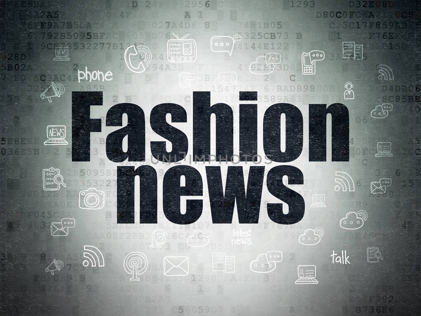 News concept: Painted black text Fashion News on Digital Paper background with  Hand Drawn News Icons