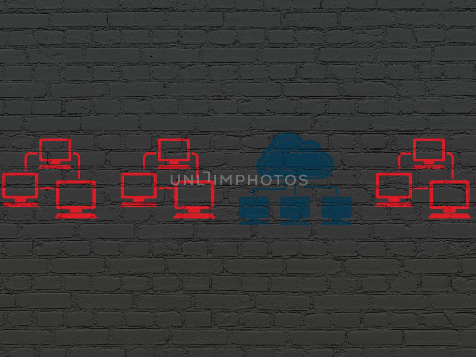 Cloud networking concept: row of Painted red lan computer network icons around blue cloud network icon on Black Brick wall background