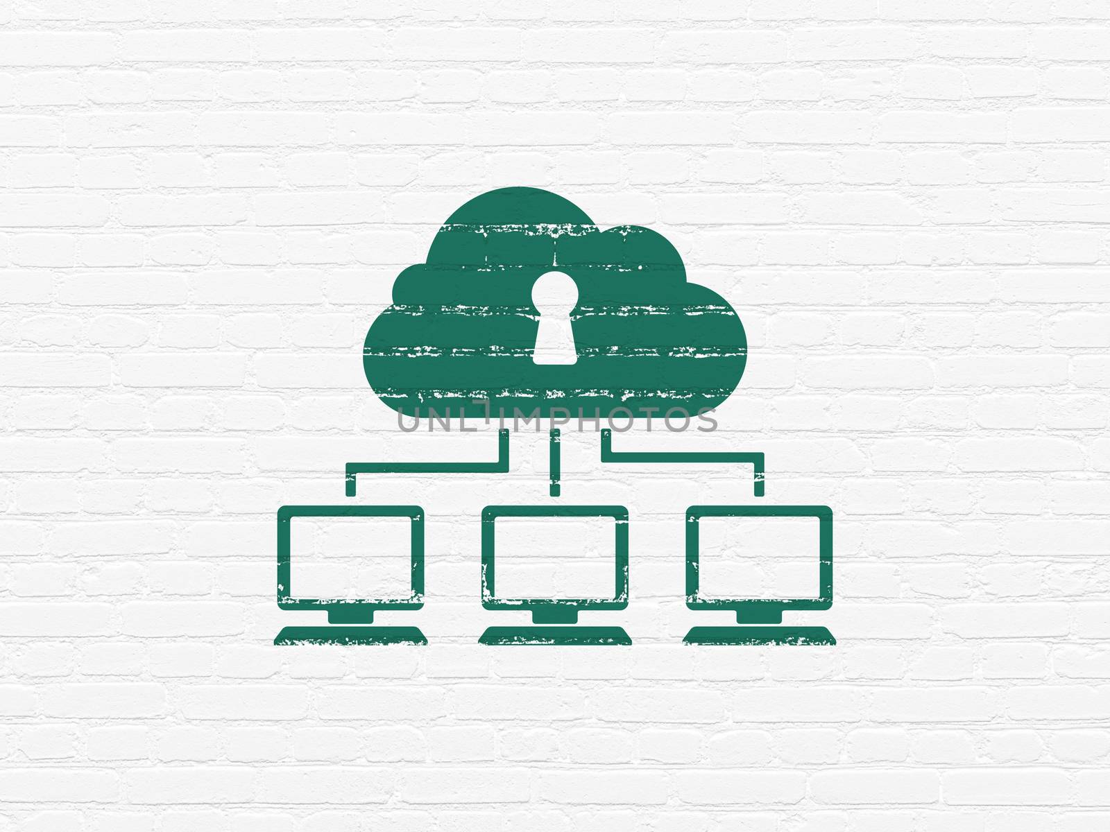 Cloud computing concept: Painted green Cloud Network icon on White Brick wall background