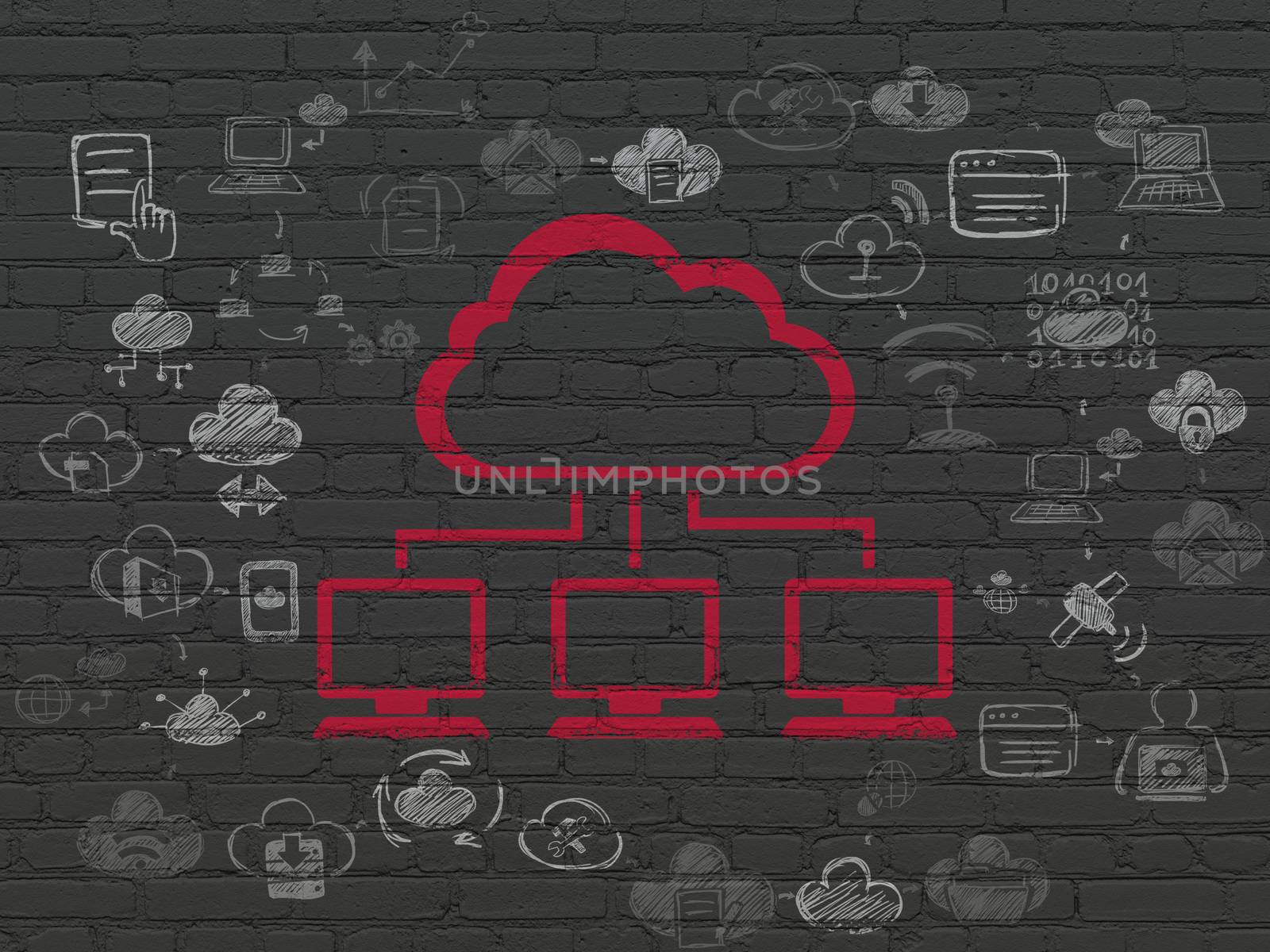 Cloud technology concept: Painted red Cloud Network icon on Black Brick wall background with Scheme Of Hand Drawn Cloud Technology Icons