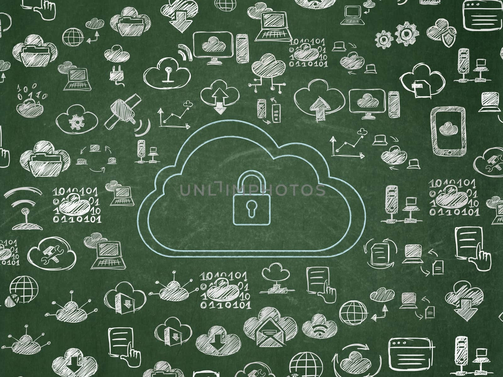 Cloud networking concept: Cloud With Padlock on School Board background by maxkabakov