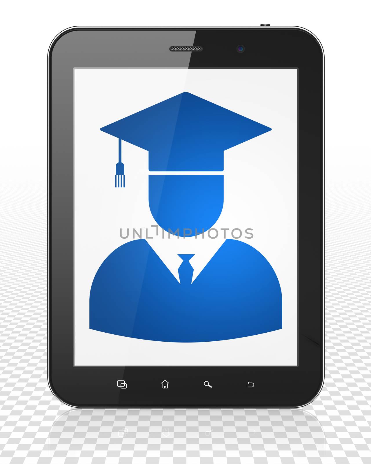 Learning concept: Tablet Pc Computer with blue Student icon on display