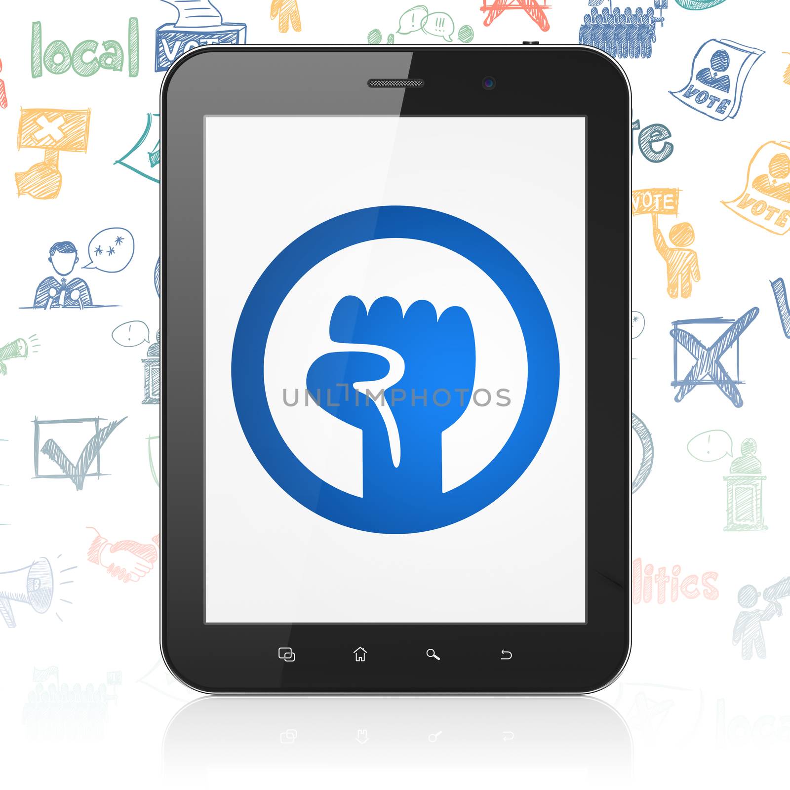 Politics concept: Tablet Computer with  blue Uprising icon on display,  Hand Drawn Politics Icons background