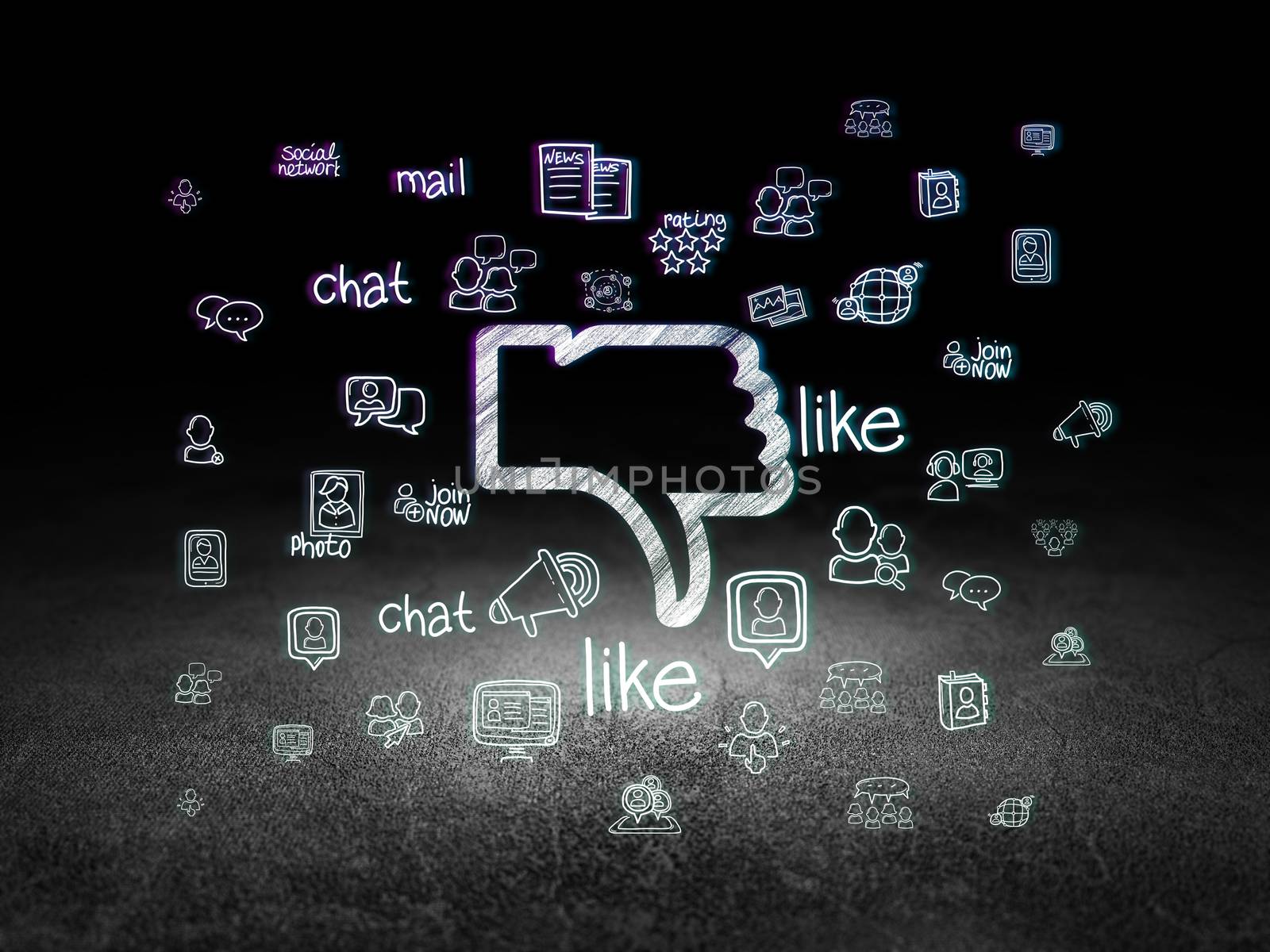 Social media concept: Glowing Thumb Down icon in grunge dark room with Dirty Floor, black background with  Hand Drawn Social Network Icons