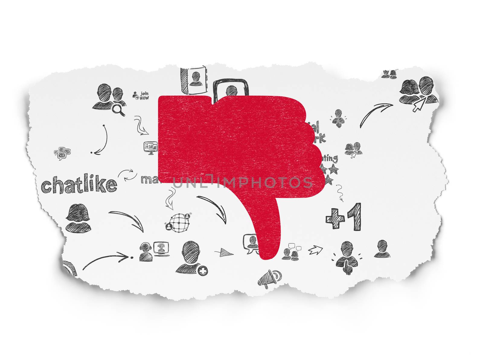 Social media concept: Painted red Thumb Down icon on Torn Paper background with Scheme Of Hand Drawn Social Network Icons