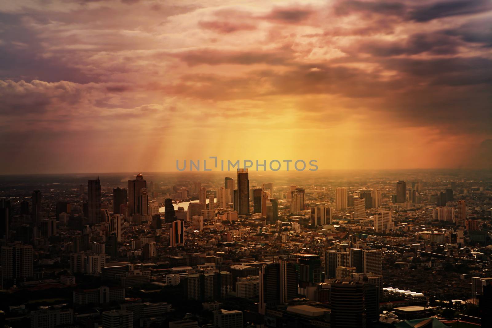 Aerial view of streets and buildings, Bangkok City. Thailand.