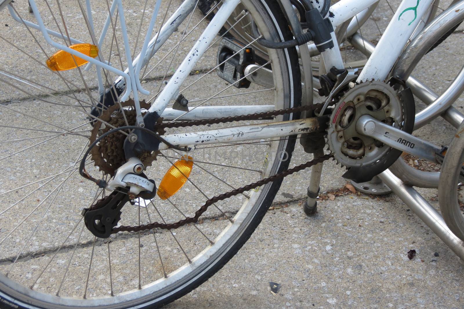 EDINBURGH, SCOTLAND, UK - CIRCA AUGUST 2015: Detail of a bicycle wheel and bush roller chain