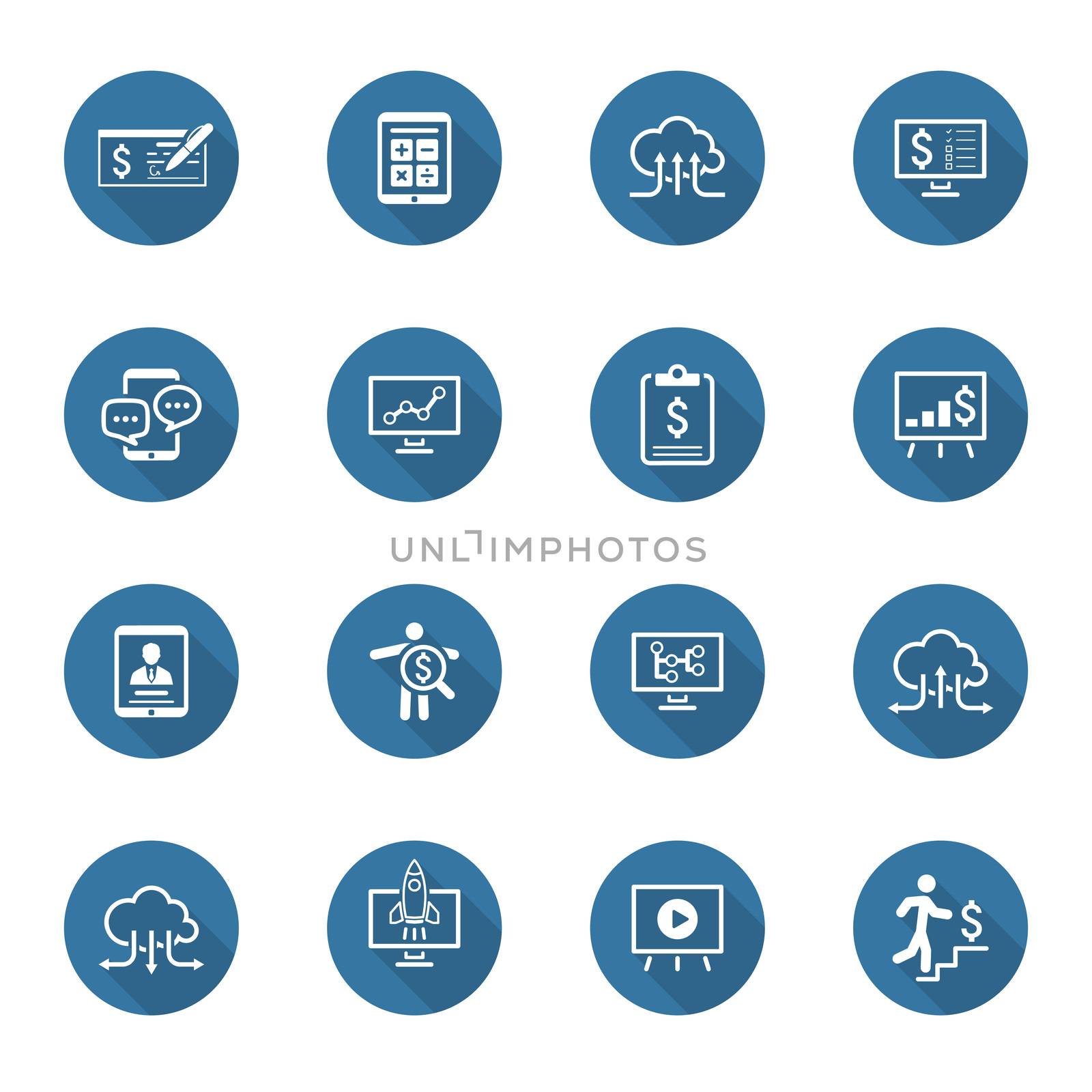 Business & Money Icons Set. Flat Design. Long Shadow. Isolated.