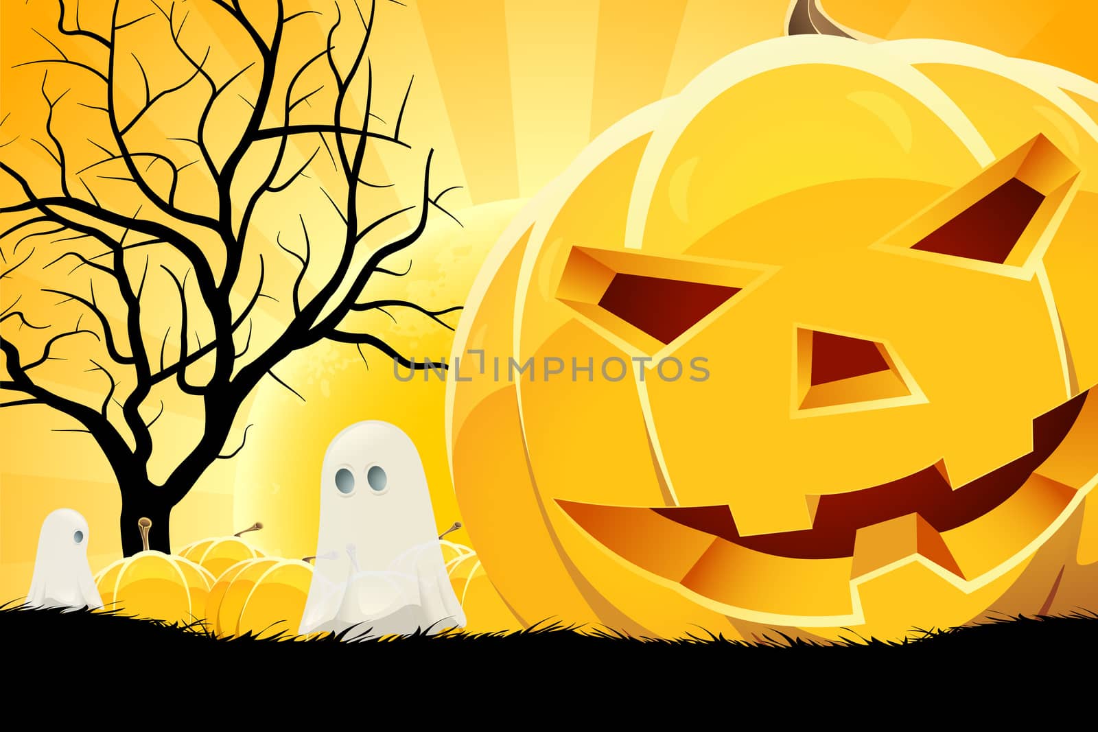 Halloween Background with Pumpkin and Ghost. Landscape.