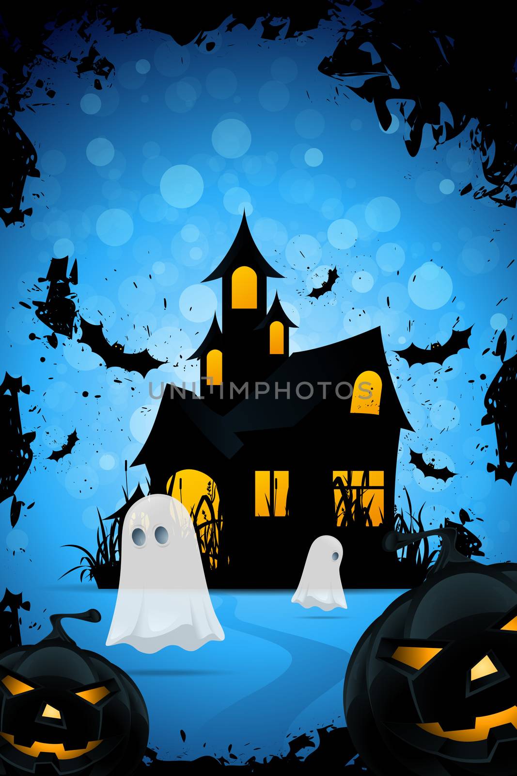 Halloween Background with Haunted House, Pumpkins, Bats and Ghosts