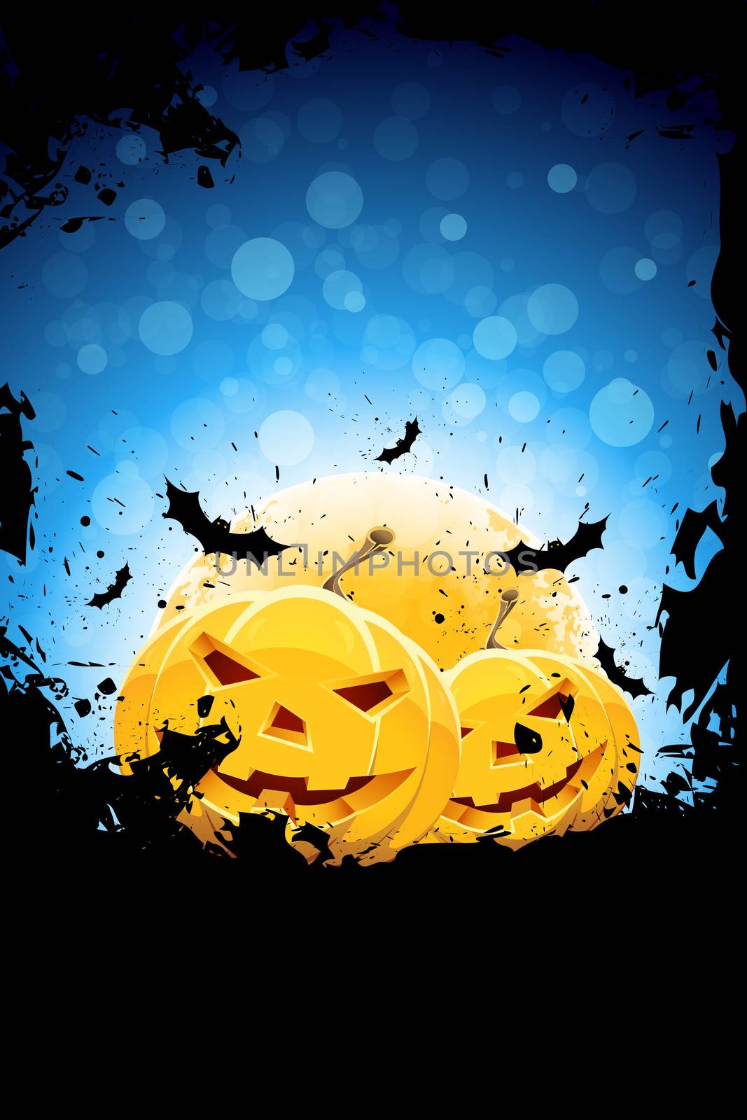 Grunge Background for Halloween Party with Pumpkins and Bats