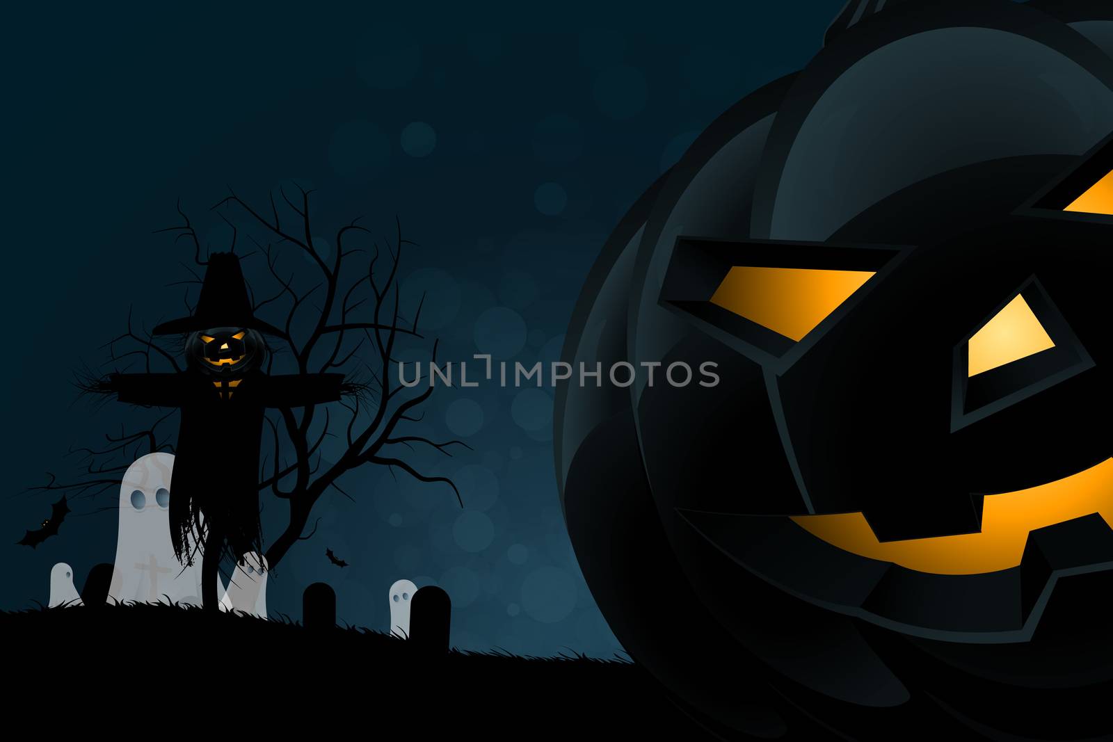 Halloween Graveyard Party Background with Scarecrow, Ghosts Pumpkins and Bats
