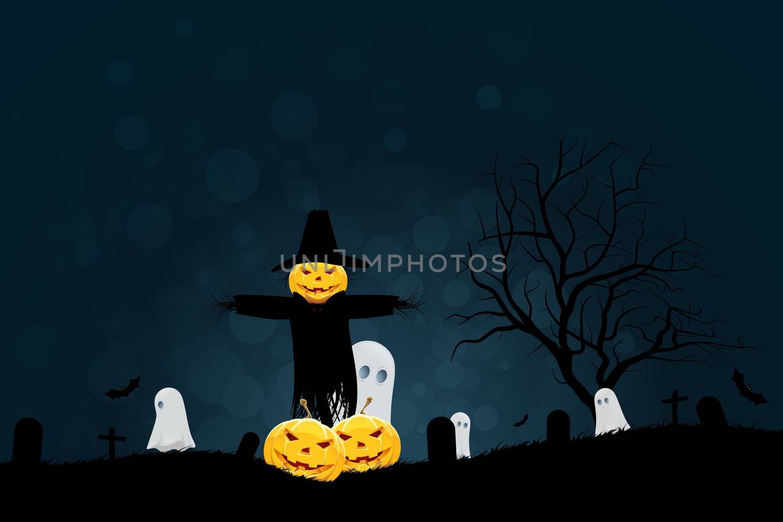 Halloween Party Background with Scarecrow, Ghosts Pumpkins by WaD