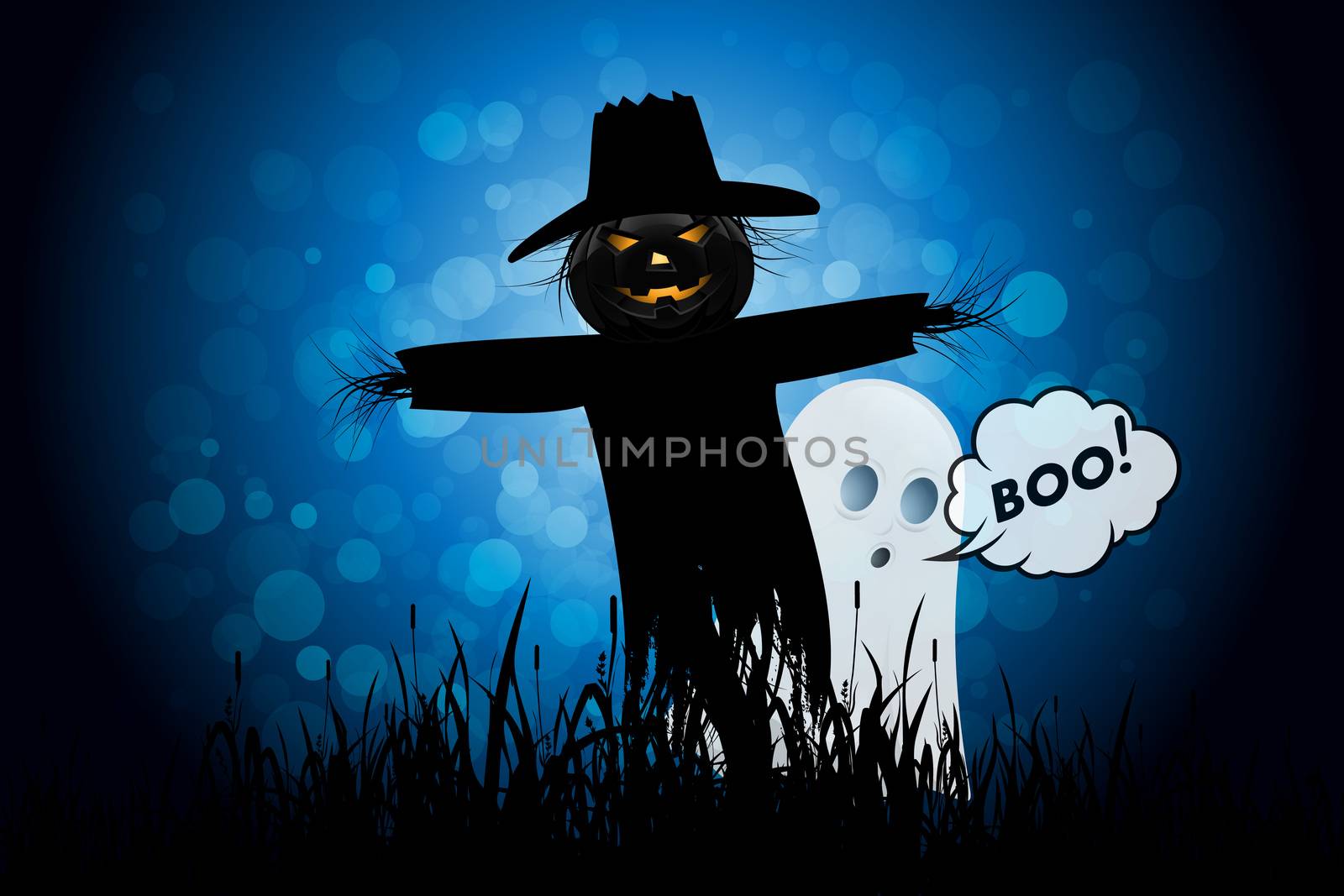 Halloween Background with Ghost and Scarecrow. Landscape.