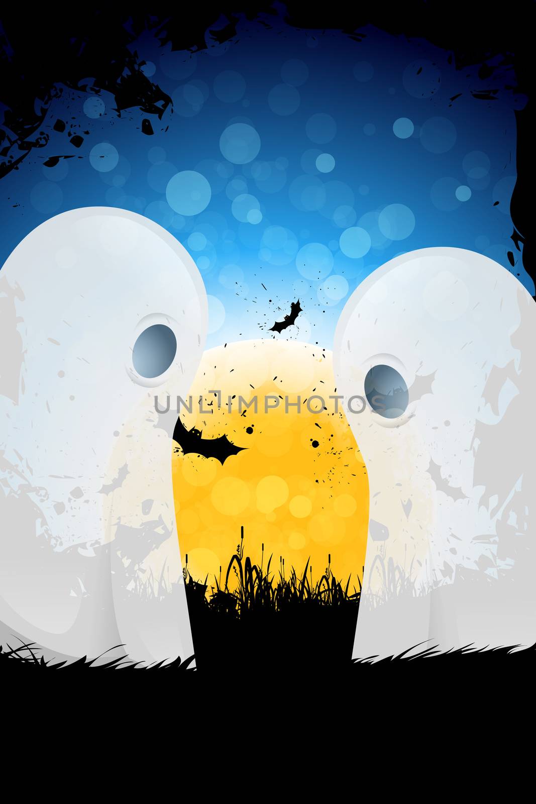 Grungy Halloween Background with Moon, Bats and Ghosts