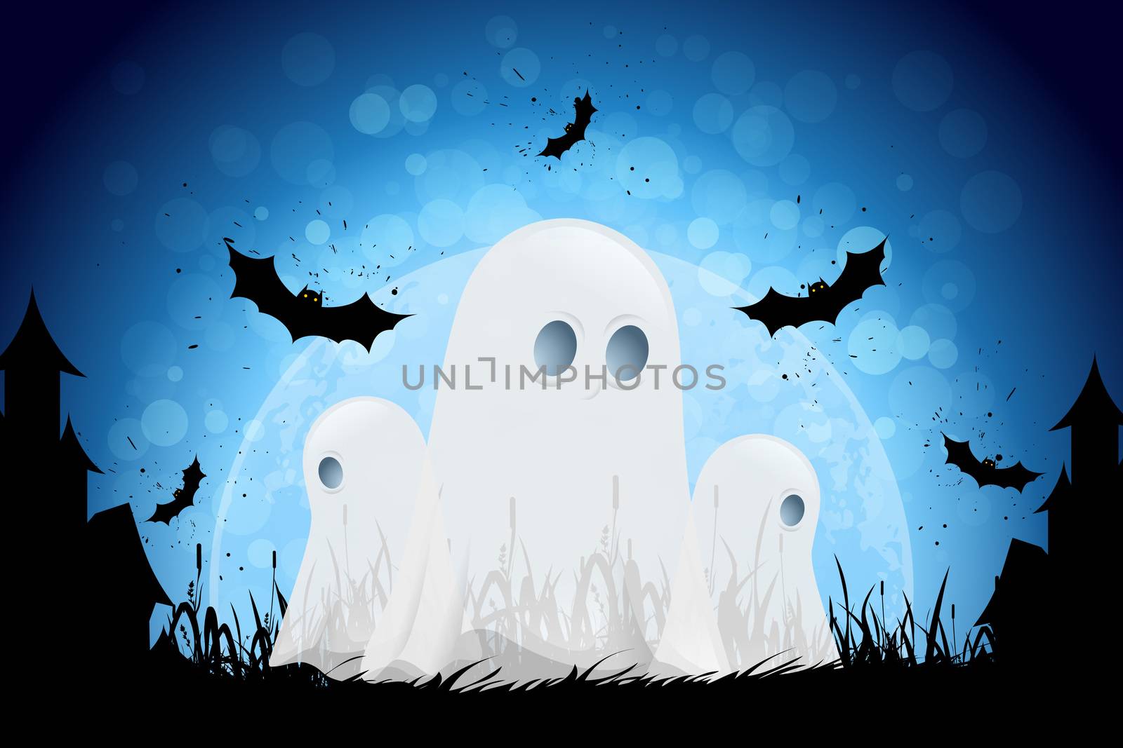 Halloween Background with Moon, Bats and Ghosts