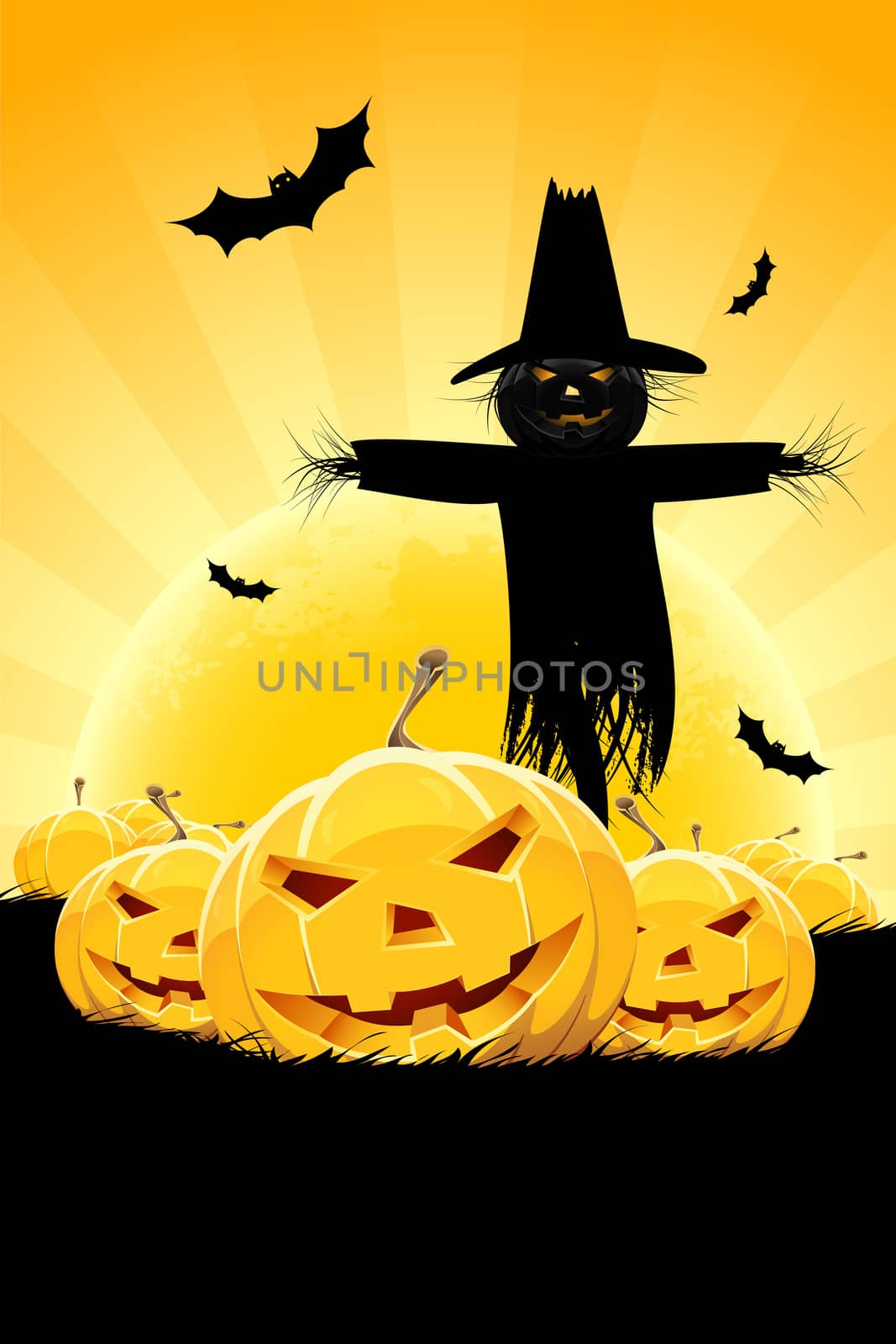 Halloween Background with Pumpkin and Scarecrow. Flying Bats.