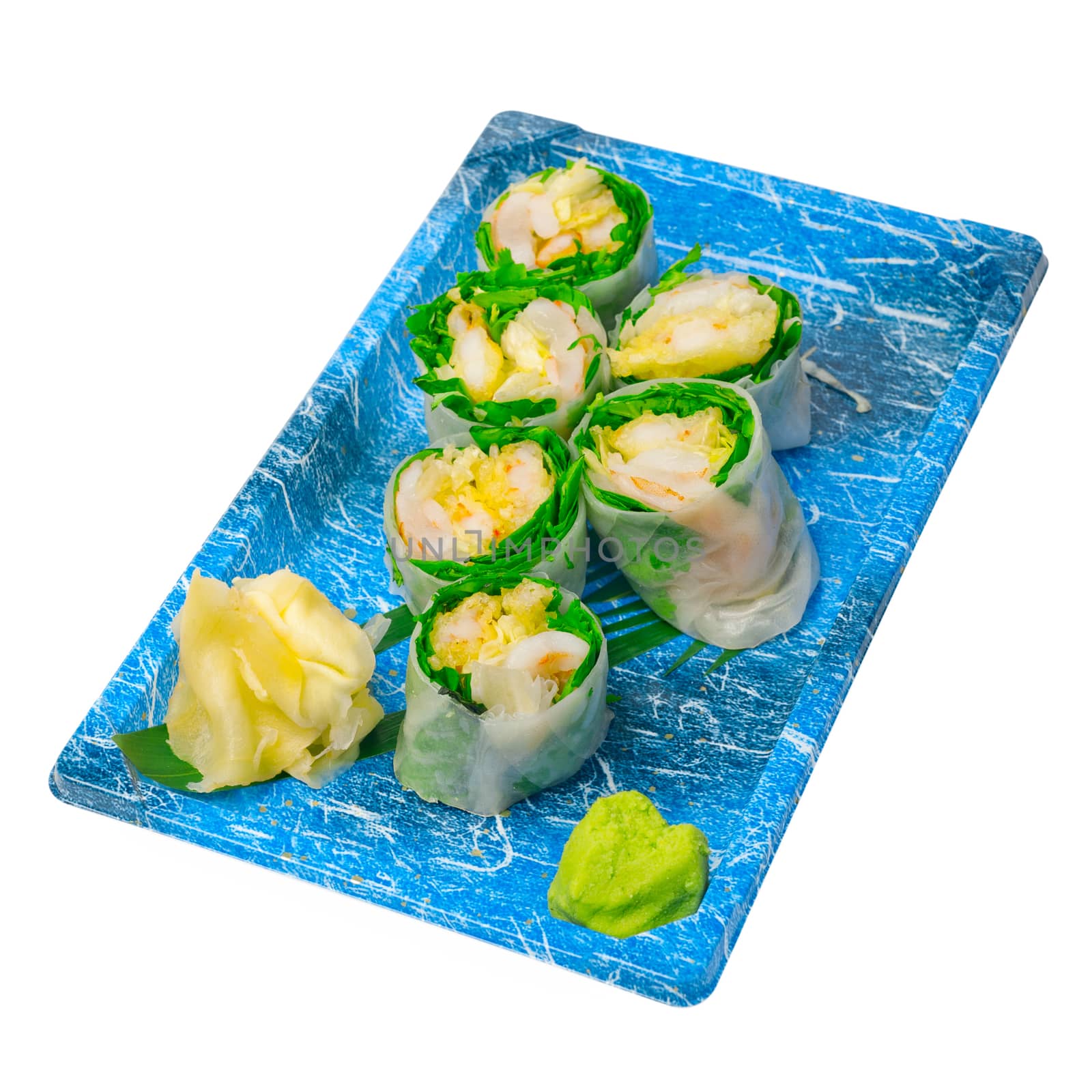 take away selection of fresh sushi express on plastic tray 