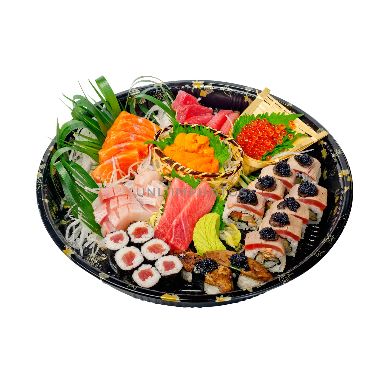 take away selection of fresh sushi express on plastic tray 