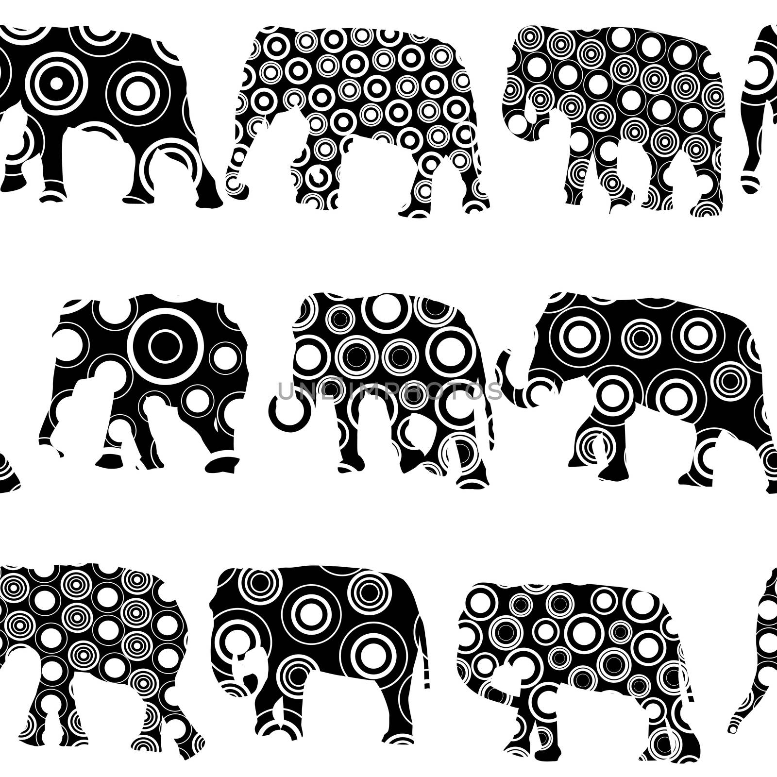 Black and white ornate patterned elephants