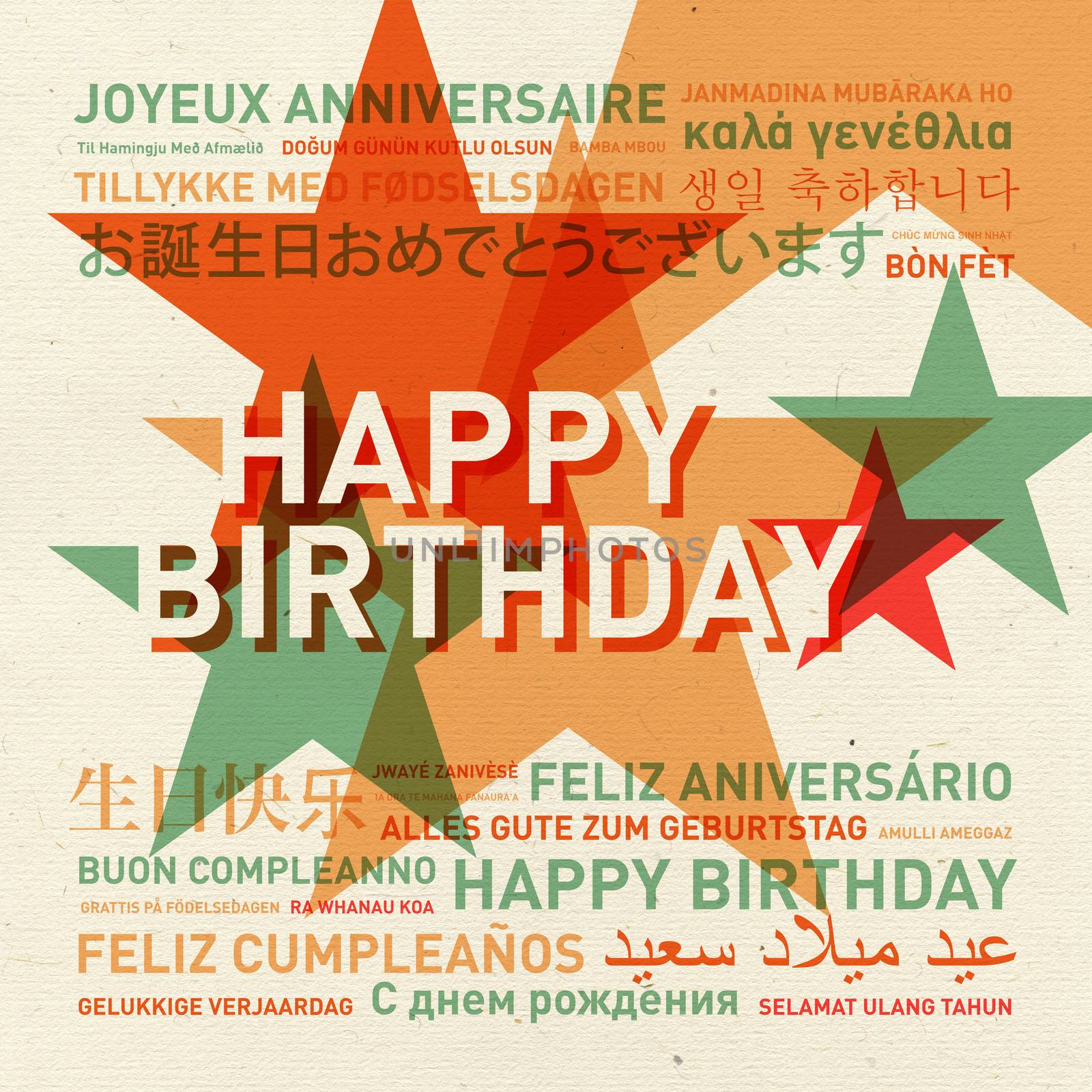 Happy birthday from the world. Different languages vintage celebration card