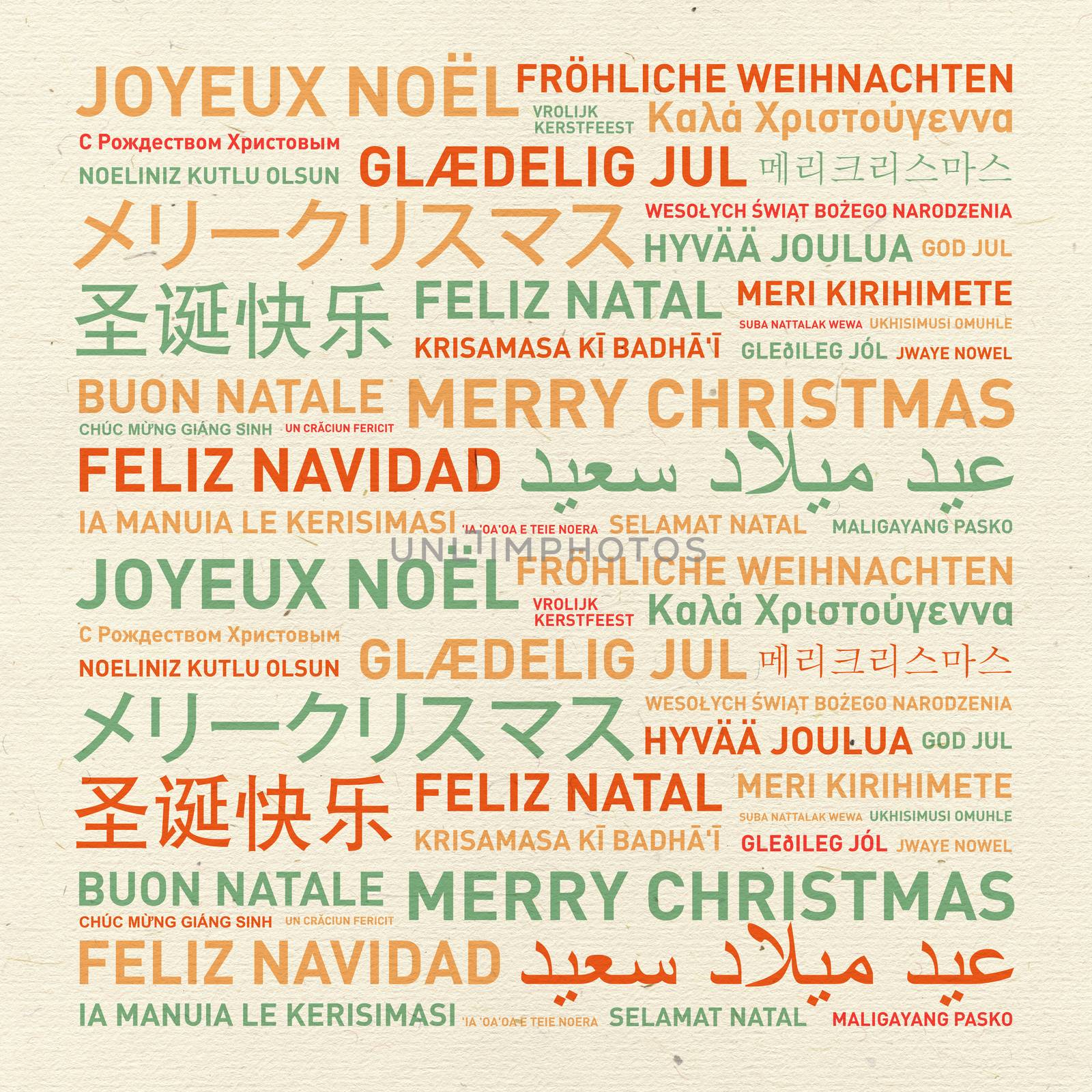 Merry christmas from the world. Different languages celebration vintage card