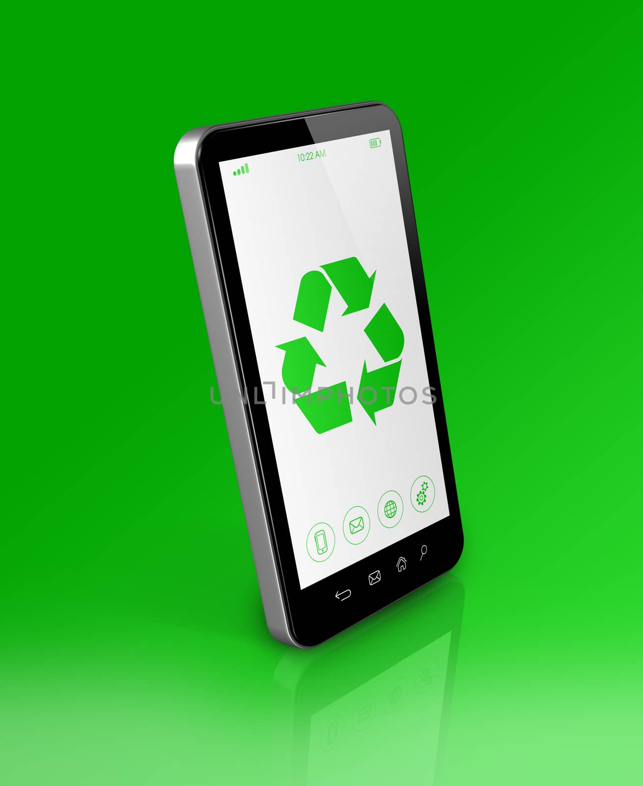 3D Smartphone with a recycling symbol on screen. ecological concept