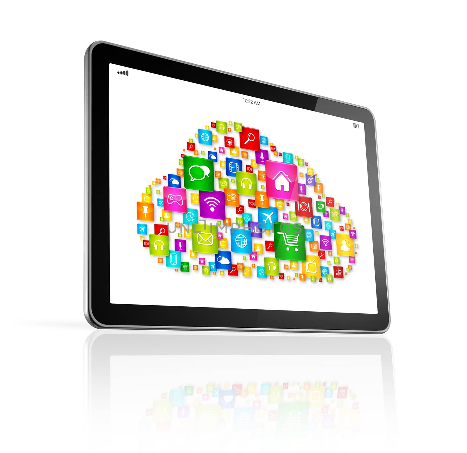 3D Cloud computing symbol on Digital Tablet pc - isolated on white with clipping path