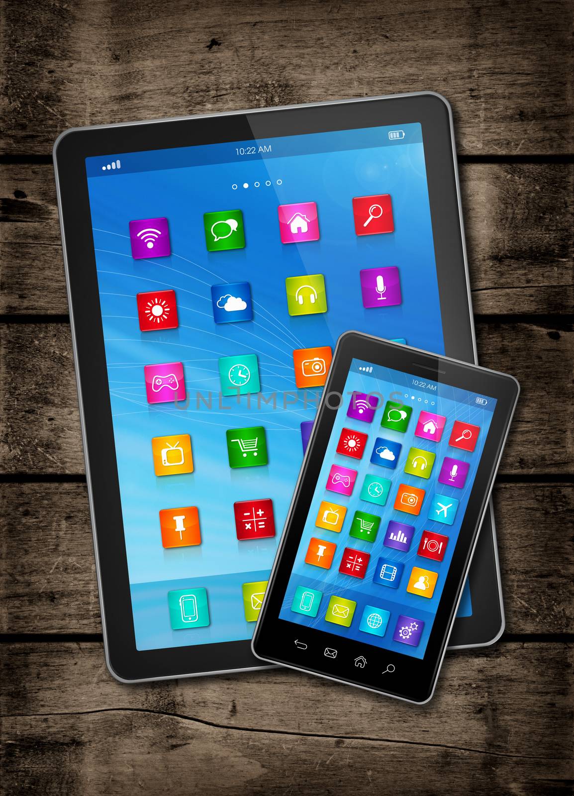 Smartphone and digital tablet PC with desktop icons on a dark wo by daboost