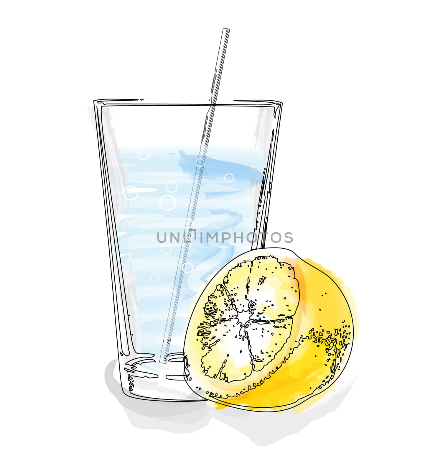 Colorful retro illustration of glass and lemon half in watercolor style