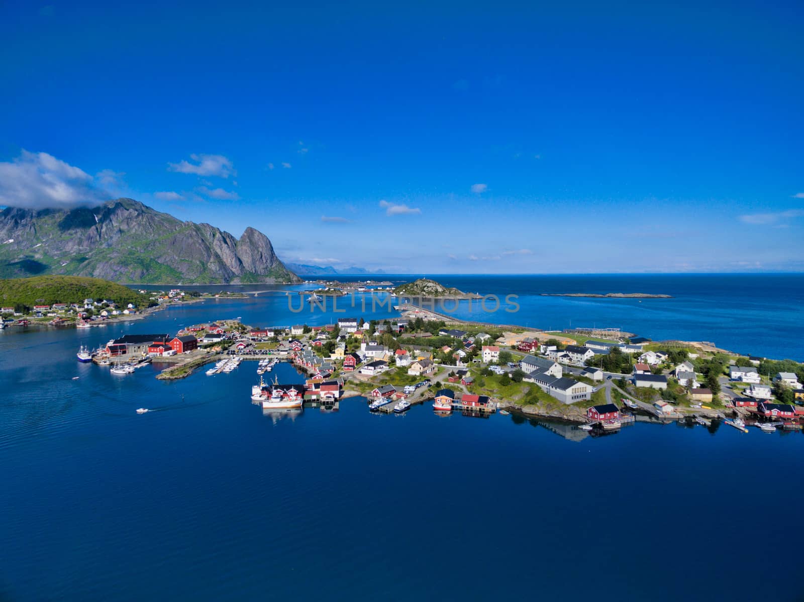 Picturesque town Reine on Lofoten islands in Norway, scenic aerial view