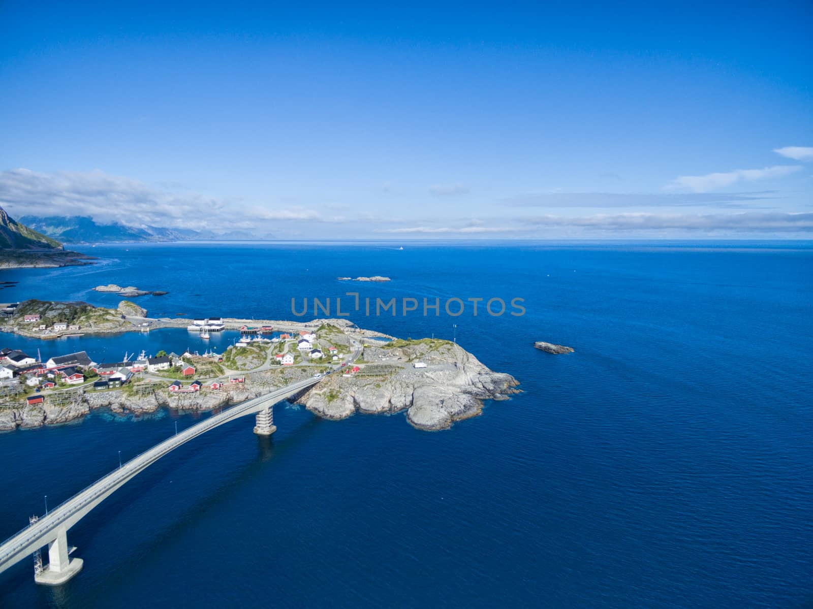 Scenic aerial view of Lofoten islands coastline in Norway