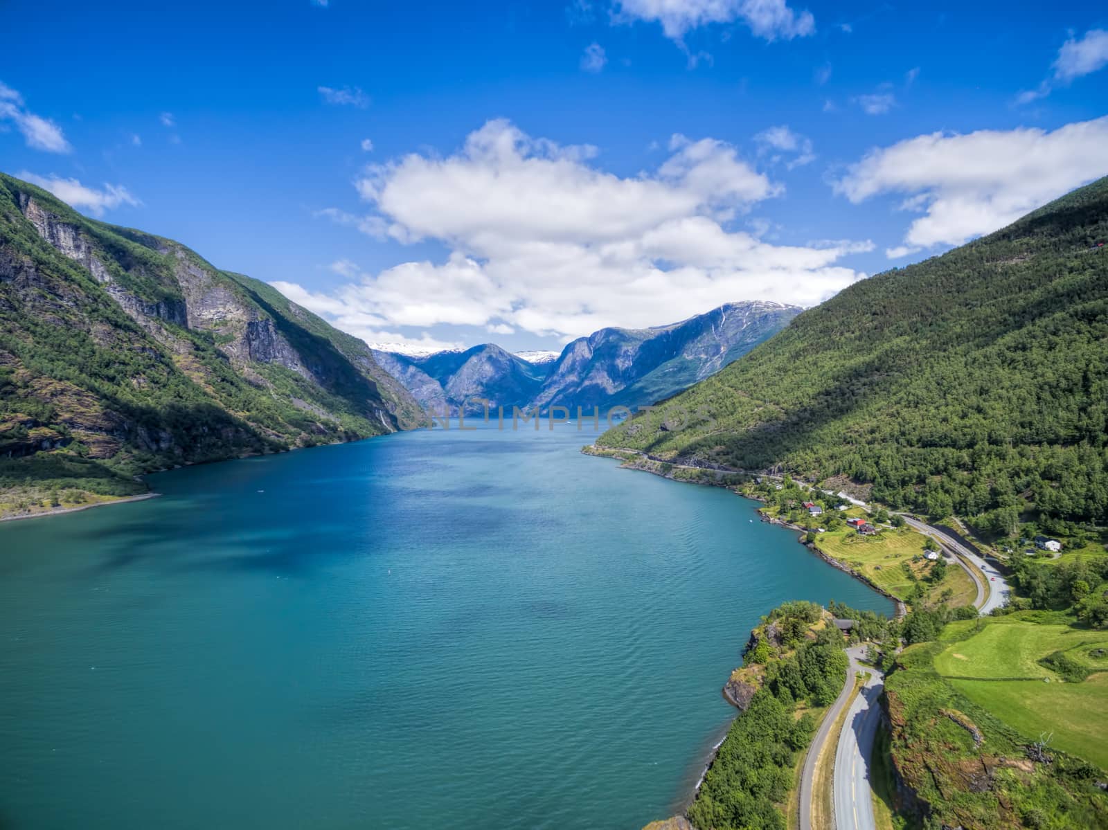 Aerial view of scenic fjord Sognefjorden in Norway