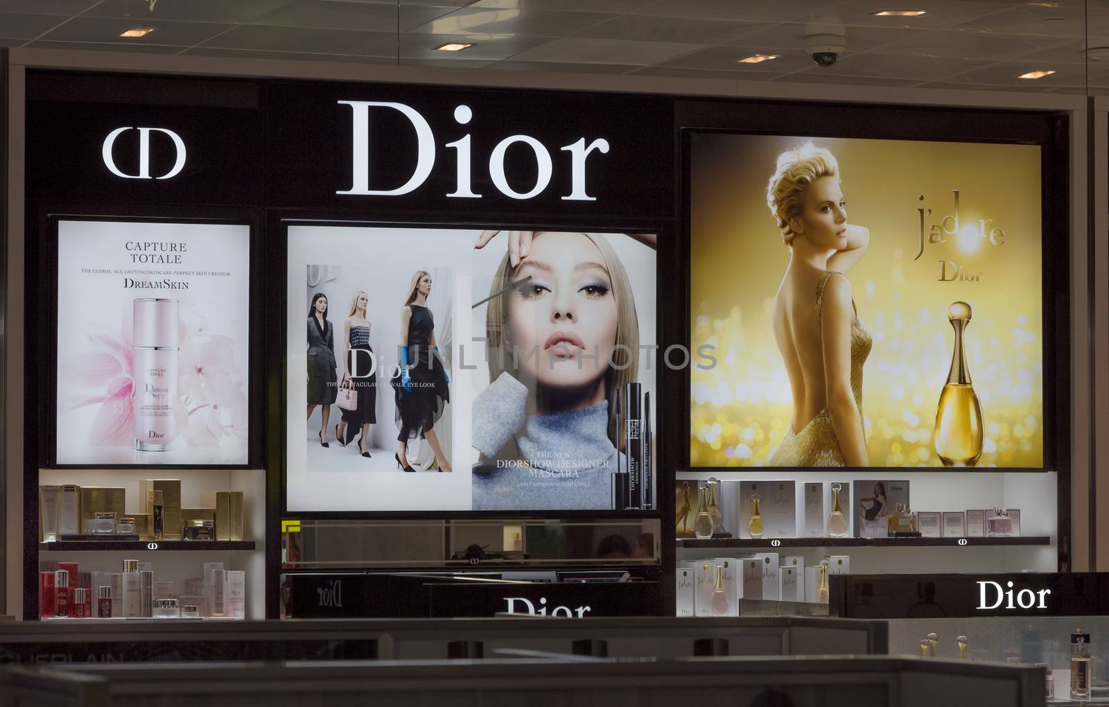 LOS ANGELES, CA/USA - AUGUST 4, 2015: Christian Dior store display. Christian Dior is a French manufacturer and marketer of high-end skincare, makeup, fragrance and hair care products.