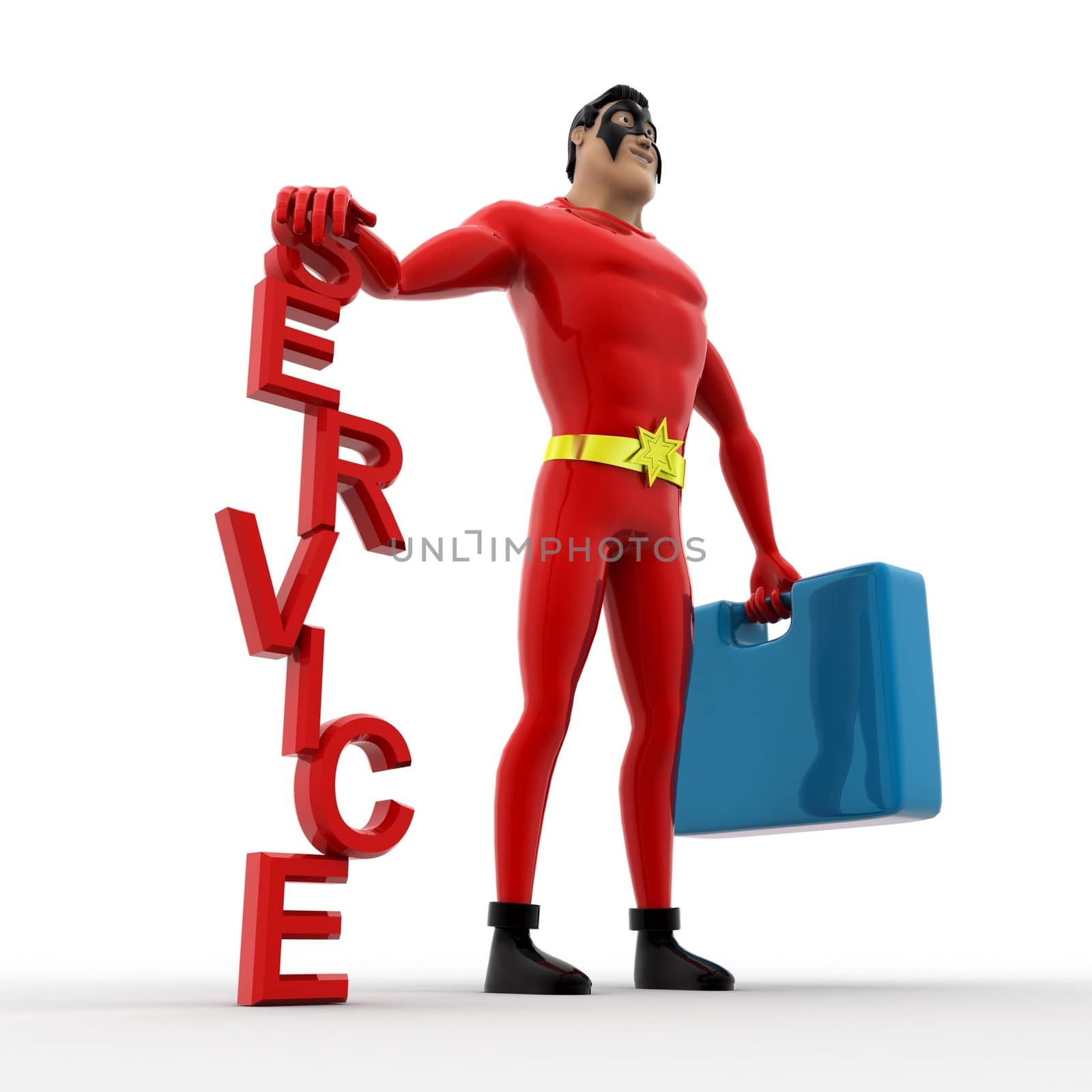 3d superhero ready for service with bag concept on white background, side angle view