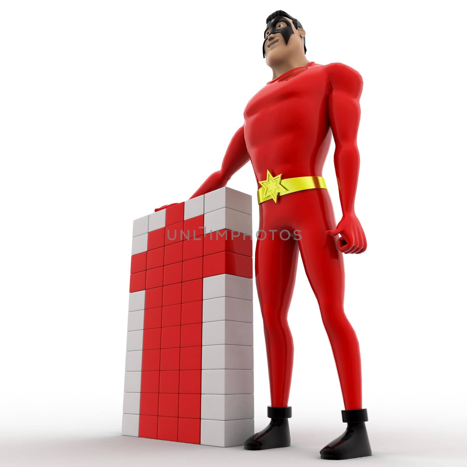 3d superhero making arrow from cubes concept on white background,  side angle view