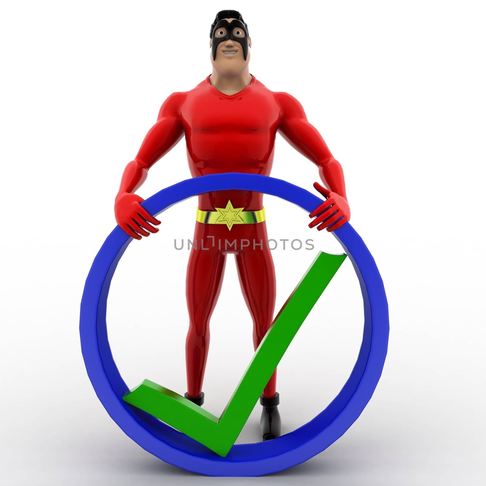 3d superhero with right symbol concept on white background, front angle view